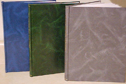 Spania print hardbinding cover fabric samples: Blue, Green & Grey